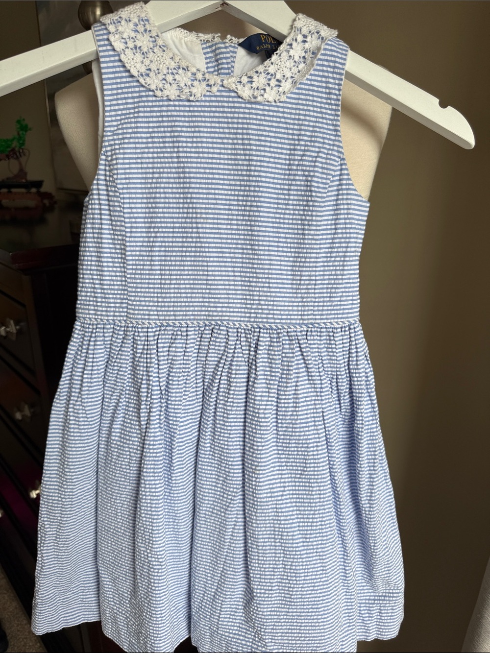 Polo Ralph Lauren Blue and White Seersucker Dress, Lace Collar girls size 6